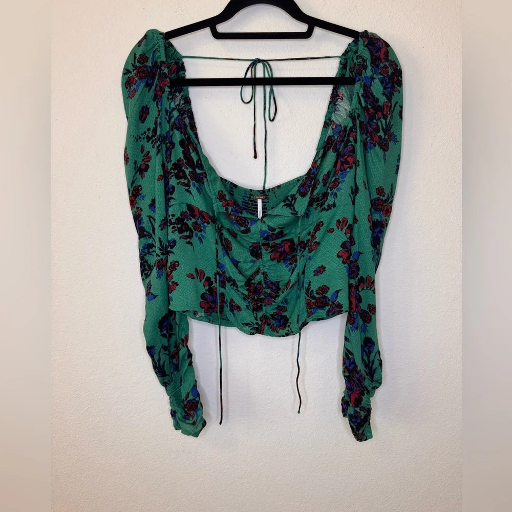 NEW Free People Green Puff Sleeve Ruched Blouse